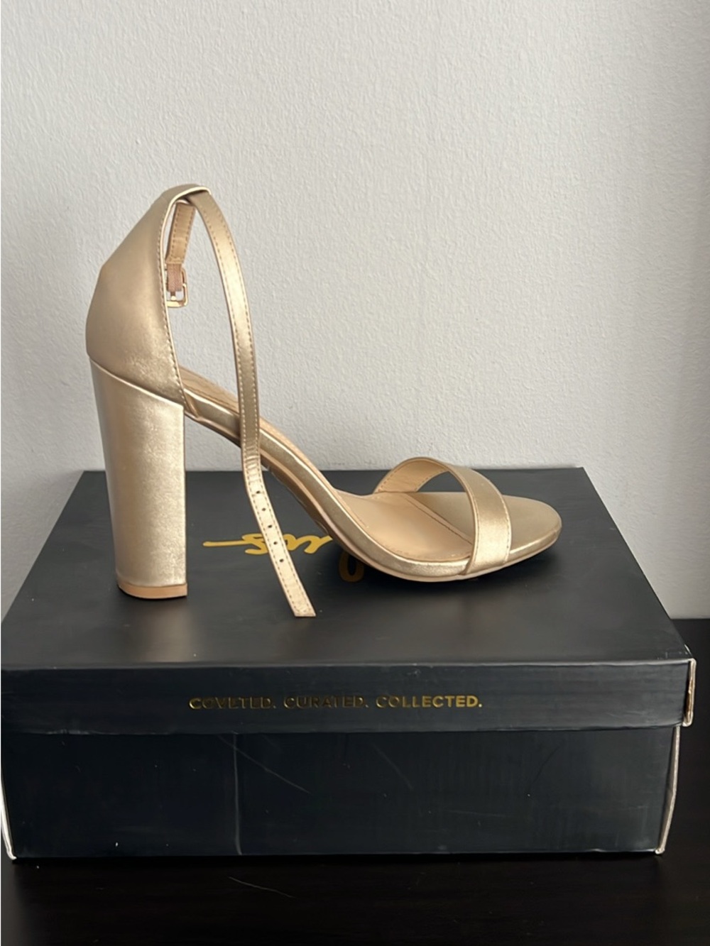 Lulu's Metallic Gold Ankle-Strap Block Heels